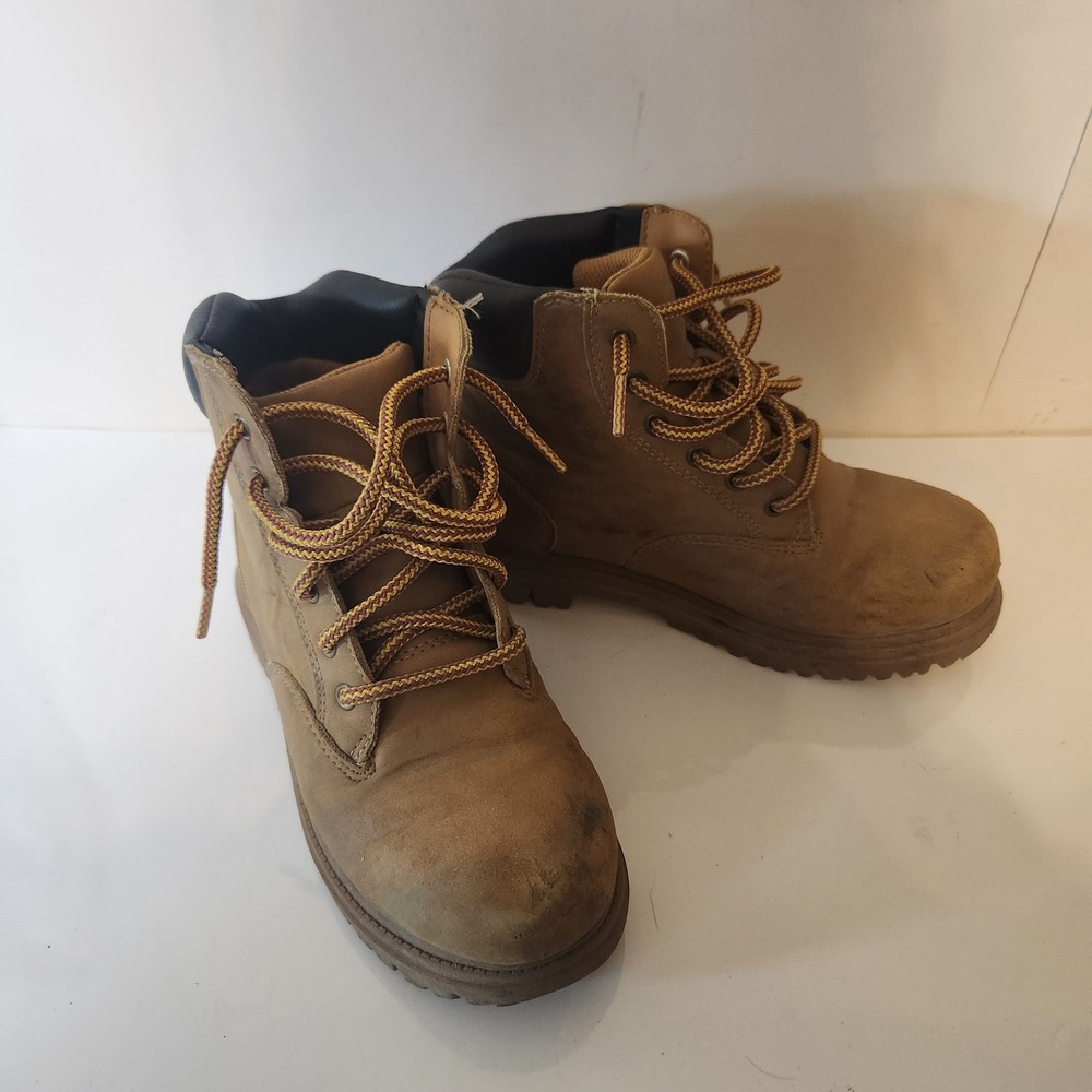 Kids Tan Lace Up Work Boots Padded Collar Lug Sole Size 2